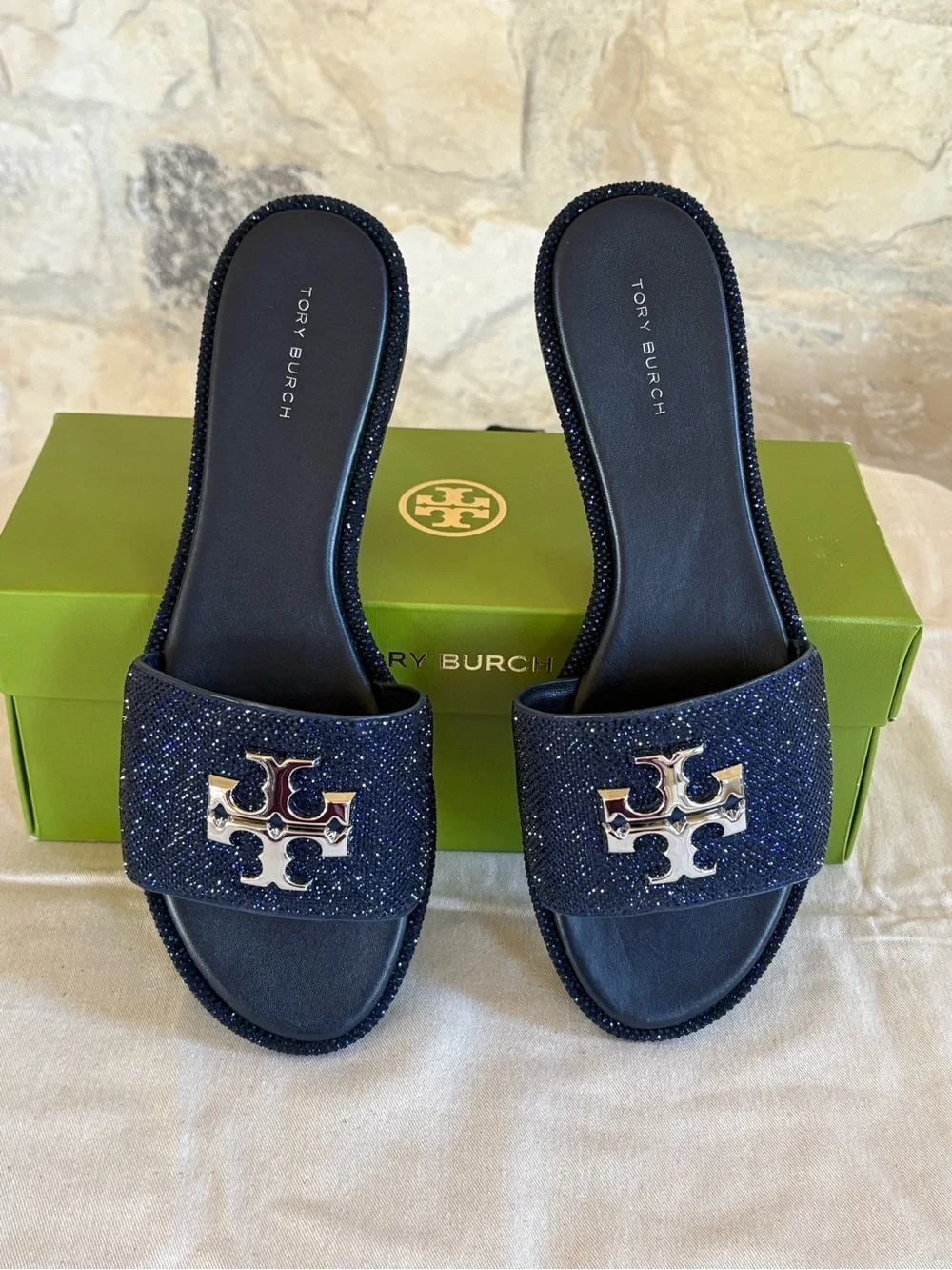 Tory Burch Navy Glitter Logo Slide Mules